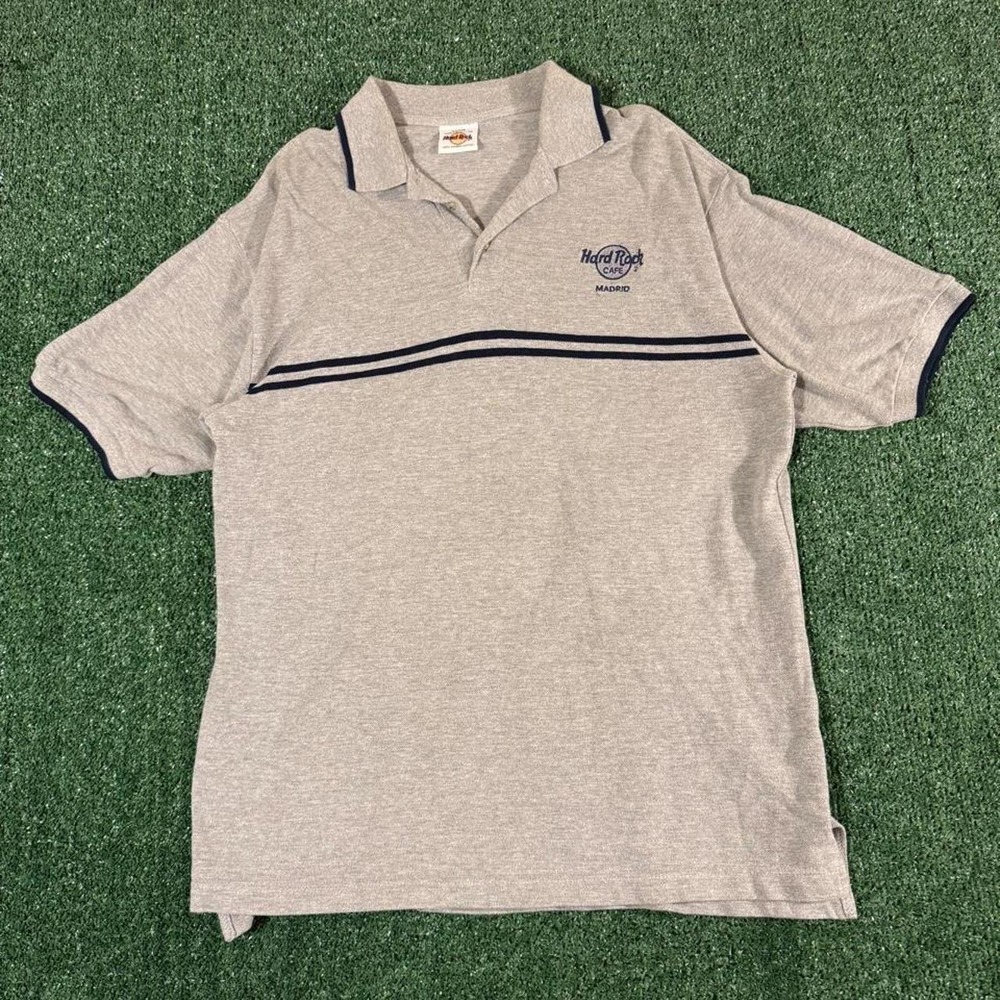 Vintage Hard Rock Cafe Madrid Polo Shirt Grey Navy Stripe Large 0245